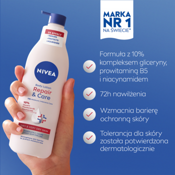 Balsam NIVEA Repair & Care 400ml, biała butelka z pompką w dłoni, widoczne cechy: 10% gliceryny, 72h nawilżenia.
