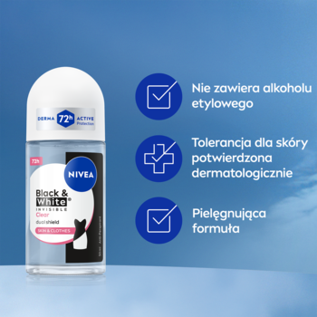 NIVEA Black & White Clear 72h roll-on antyperspirant, przezroczysta butelka z logo i czarnym kotem na etykiecie.