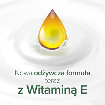 Kremowy żel Palmolive: złota kropla witaminy E na białym kremowym tle, tekst o nowej formule.