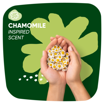 Na zielonym tle dłonie trzymają rumianek, obok napis "CHAMOMILE INSPIRED SCENT", promujące zapach podpasek Naturella.