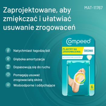 Compeed plastry na zrogowacenia średnie, opakowanie na tealowym tle, zmiękczają i usuwają odciski.