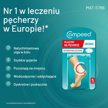 Compeed plastry na pęcherze, opakowanie z ilustracją stopy z plastrem, na turkusowym tle, widok ukośny.