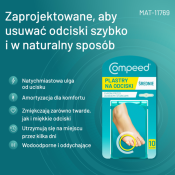 Compeed plastry na odciski, średnie, 10 szt. Opakowanie na turkusowym tle. Szybko usuwają odciski.