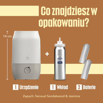 Glade One Sense & Spray: biały odświeżacz 14cm, wkład Sensual Sandalwood & Jasmine, 2 baterie AA. Widok z przodu zestawu.