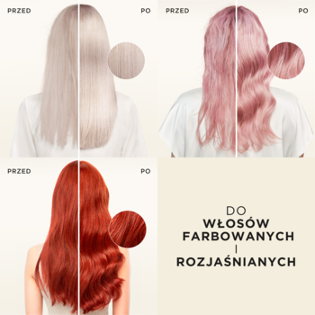 Szampon Pantene Lively Color, kolaż przed/po włosów blond, różowych, rudych, z napisami. Pokazuje ochronę koloru.
