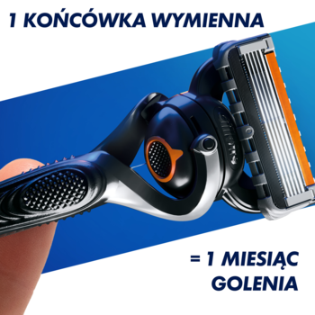 Gillette ProGlide maszynka do golenia z pomarańczowym ostrzem, trzymana w dłoni, tekst: 1 końcówka = 1 miesiąc.