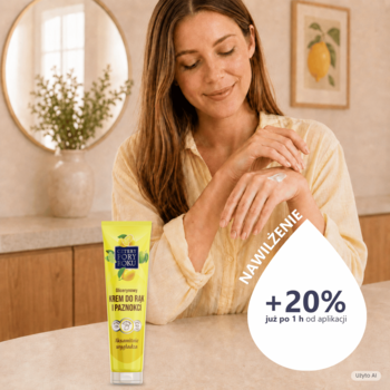 Krem do rąk Cztery Pory Roku cytrusowy, żółta tubka, kobieta aplikuje krem, obietnica +20% nawilżenia.