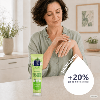 Krem do rąk i paznokci aloes & zielona herbata w zielonej tubce, kobieta aplikuje, +20% nawilżenia.