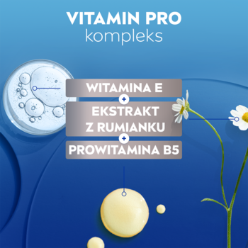 Grafika prezentująca składniki aktywne Vitamin PRO kompleks: witamina E, rumianek, prowitamina B5, do żelu NIVEA MEN Sensitive.
