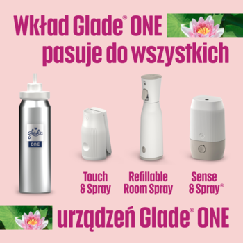 Srebrny wkład Glade ONE i trzy białe kompatybilne urządzenia do odświeżacza powietrza na różowym tle.