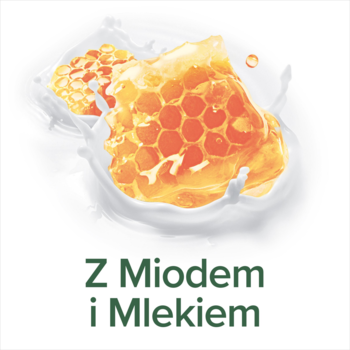 Ilustracja dla Palmolive Naturals: plastry miodu i złocisty miód rozpryskujące się w mleku, napis "Z Miodem i Mlekiem".