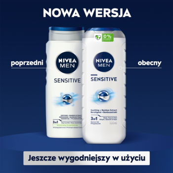 Dwa białe żele NIVEA MEN Sensitive: poprzedni i nowa wersja 99% biodegradowalna, bez mikroplastików.