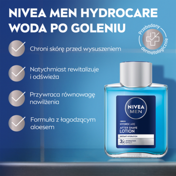 NIVEA MEN HYDROCARE Woda po goleniu z aloesem w niebieskiej butelce, widok z przodu z wyróżnionymi korzyściami.
