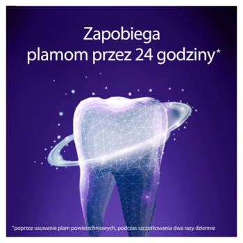 Grafika: świecący ząb z siatką ochronną na fioletowym tle. Blend-a-med 3DWhite: Zapobiega plamom 24h.
