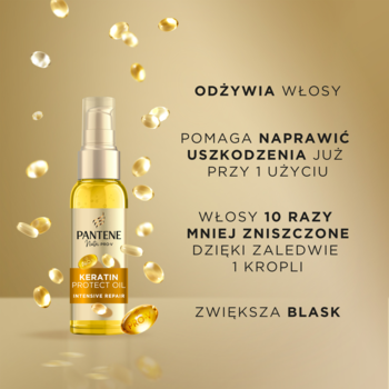 Pantene Keratin Protect Oil, intensywnie naprawczy olejek w złotej butelce z pompką, na tle złocistych kropli.