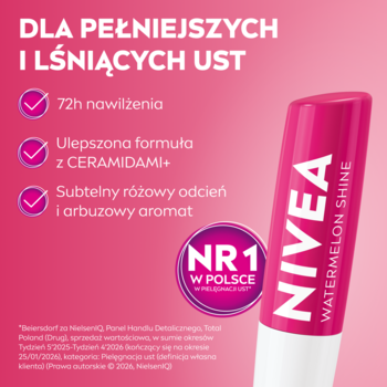 Różowa pomadka Nivea Watermelon Shine, tuba z białym spodem, widoczny tekst o 72h nawilżeniu i ceramidach.