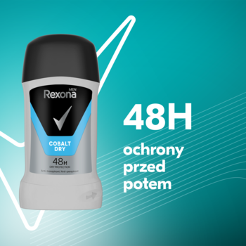Rexona Men Cobalt Dry, szary sztyft 48H, widok z przodu na turkusowym tle z tekstem: "48H ochrony przed potem".