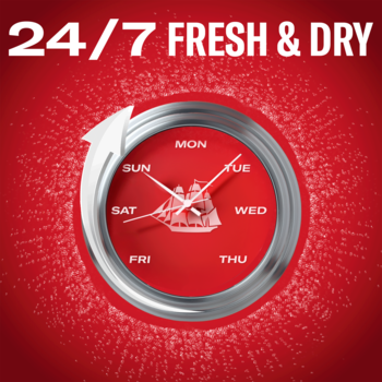 Old Spice antyperspirant 24/7: czerwona tarcza zegara z dniami tygodnia, logo statku i strzałką, FRESH & DRY.