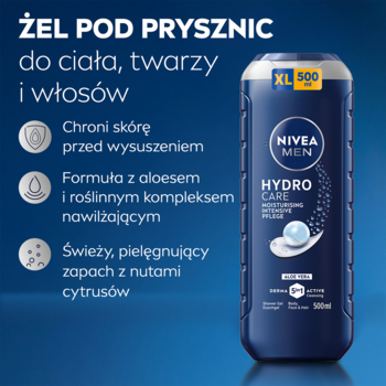 NIVEA MEN Hydro Care żel pod prysznic 3w1 z aloesem, niebieska butelka 500ml na tle z opisem korzyści.