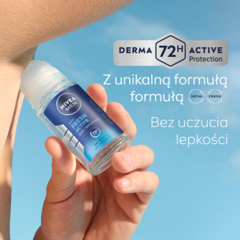 NIVEA MEN Fresh Active antyperspirant roll-on 72H w przezroczystej butelce, trzymany w dłoni na tle błękitnego nieba.