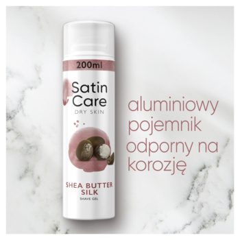 Satin Care Dry Skin Shea Butter Silk żel do golenia, biało-różowa aluminiowa butelka 200ml, widok z przodu.