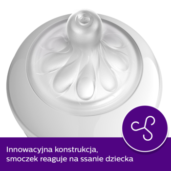 Zbliżenie responsywnego smoczka Philips Avent Natural, przezroczysty silikon z wzorem płatków, widok z góry.