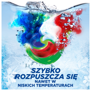 Grafika Ariel PODS: kolorowe płyny rozpuszczające się w wodzie, lód. Napis: 'Szybko rozpuszcza się w niskich temp.'