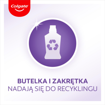 Grafika Colgate o recyklingu: fioletowe koło z białą butelką i symbolem, napis: Butelka i zakrętka nadają się do recyklingu.
