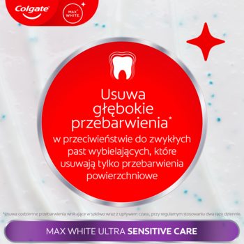 Colgate Max White Ultra Sensitive Care, czerwone kółko z białym zębem: usuwa głębokie przebarwienia.