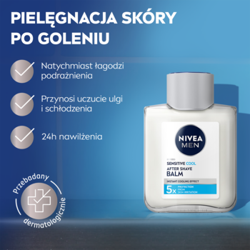 NIVEA MEN Sensitive Cool balsam po goleniu w białej butelce. Łagodzi, chłodzi i nawilża skórę 24h.