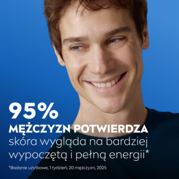 Uśmiechnięty mężczyzna, obok napis: 95% MĘŻCZYZN POTWIERDZA, że skóra NIVEA MEN wygląda na wypoczętą i pełną energii.
