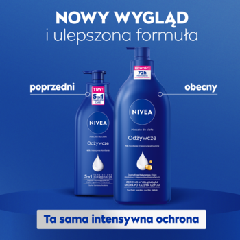 Nowy wygląd NIVEA Odżywcze Mleczko do ciała, duża butelka z pompką obok poprzedniej wersji.