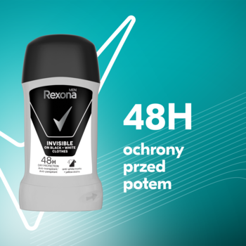 Rexona Men Invisible Black & White antyperspirant, szary sztyft, 48H ochrony przed potem, na turkusowym tle.