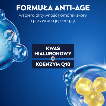 Grafika NIVEA MEN Hyaluron. Niebieskie tło, formuła anti-age z kwasem hialuronowym i koenzymem Q10 dla energii skóry.