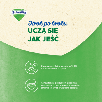 BoboVita: Grafika 'Krok po kroku uczą się jak jeść'. Ikony: 100% warzyw z upraw, zmienna konsystencja dla wieku.