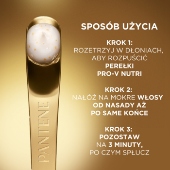 Złoty aplikator kuracji Pantene Pro-V Nutri z perłami, zbliżenie z widoczną instrukcją użycia krok po kroku.