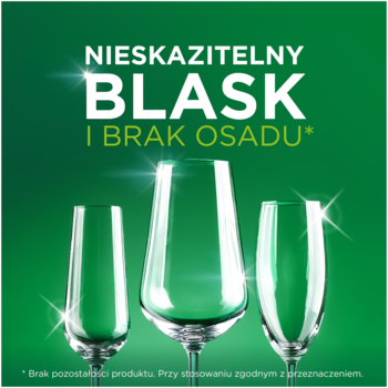 Fairy Original kapsułki do zmywarki: trzy lśniące kieliszki na zielonym tle, z hasłem 'NIESKAZITELNY BLASK I BRAK OSADU'.