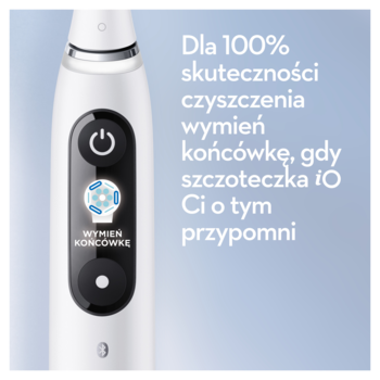 Oral-B iO, biała szczoteczka elektryczna z wyświetlaczem. Ikona przypomina o wymianie końcówki dla pełnej skuteczności.