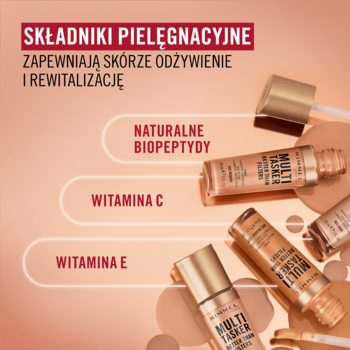 Trzy butelki Rimmel Multi Tasker Better Than Filters z pipetami i tekstem o pielęgnujących składnikach: C, E, biopeptydy.