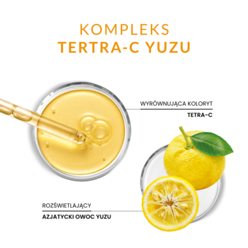 Grafika kompleksu Tetra-C Yuzu dla AA LAAB Healthy Glow Recovery: żółte serum z pipetą i świeży yuzu.