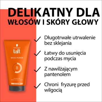 Żel Schwarzkopf Taft Maxx Power w pomarańczowej tubie, utrwalenie 8, delikatny, bez sklejania.