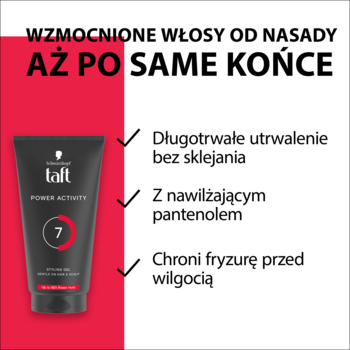 Żel Schwarzkopf Taft Power Activity, czarna tubka z czerwoną „7”, utrwala i wzmacnia włosy, chroniąc przed wilgocią.
