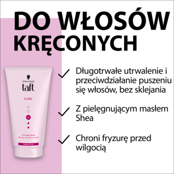 Jasnoróżowa tubka balsamu Taft Curl do włosów kręconych z masłem Shea, na biało-różowym tle, widok z przodu.