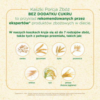 Infografika: BoboVita Porcja Zboż BEZ DODATKU CUKRU, 7 rodzajów zbóż jak owies, jęczmień, ryż.