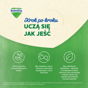 Grafika promocyjna Bobovita puree: zielone tło, hasło 'Uczą się jak jeść'. Ikony: 100% owoców, bez cukru, bez dodatków.