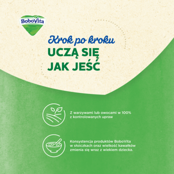 Reklama BoboVita: "Uczą się jak jeść", z infografiką o 100% warzyw z kontrolowanych upraw i konsystencji.