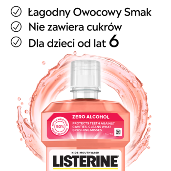 Listerine Smart Rinse dla dzieci 6+, bez cukru, owocowy smak, różowy płyn w butelce na tle chlapnięcia.