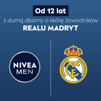 Reklama Nivea Men i Real Madryt: logo obu na ciemnoniebieskim tle, tekst o 12 latach współpracy.