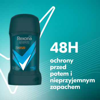 Granatowy antyperspirant Rexona Men Advanced Protection Cobalt Dry w sztyfcie z niebieskim V, obok tekst 48H ochrony.