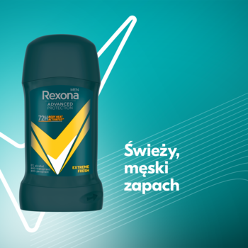 Rexona Men Advanced Protection Extreme Fresh, antyperspirant 72h w sztyfcie, ciemnoszary z żółtym V, widok z przodu.